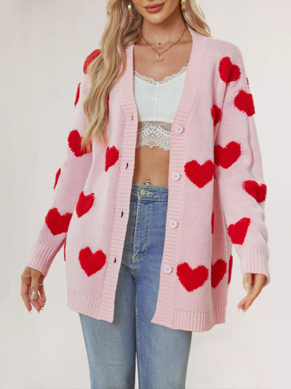 Casual Valentine's Day Heart Patterned Sweater Cardigans