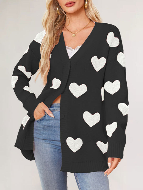 Casual Valentine's Day Heart Patterned Sweater Cardigans