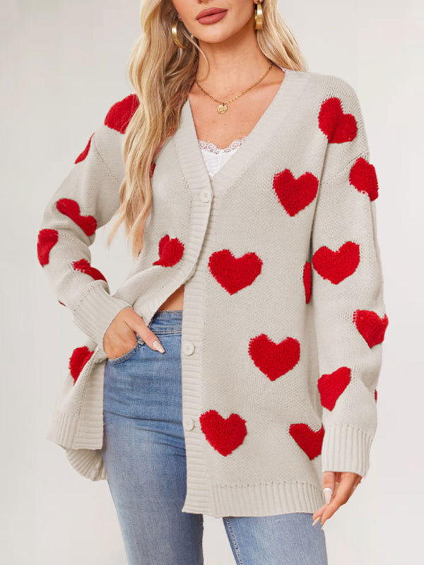 Casual Valentine's Day Heart Patterned Sweater Cardigans