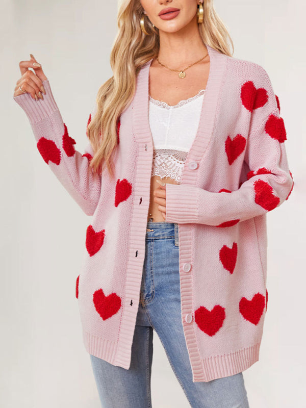 Casual Valentine's Day Heart Patterned Sweater Cardigans