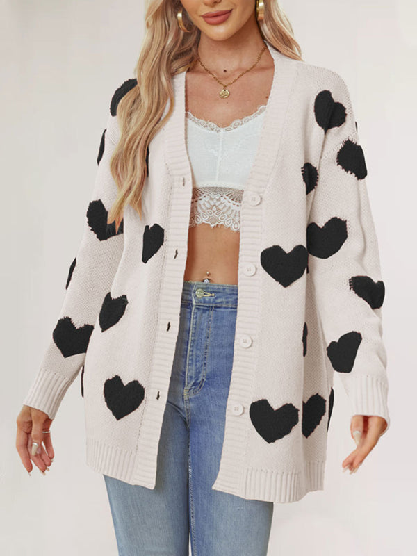 Casual Valentine's Day Heart Patterned Sweater Cardigans