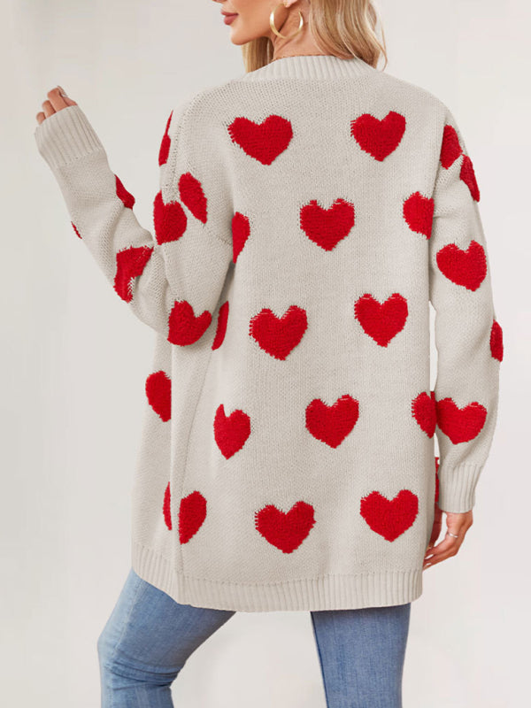 Casual Valentine's Day Heart Patterned Sweater Cardigans