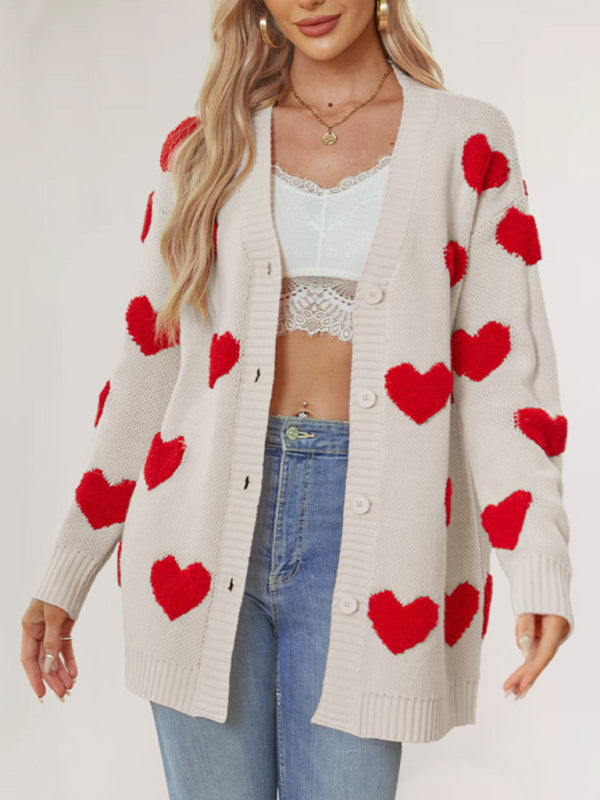 Casual Valentine's Day Heart Patterned Sweater Cardigans