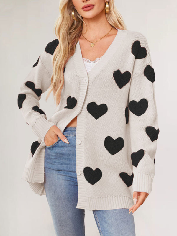 Casual Valentine's Day Heart Patterned Sweater Cardigans