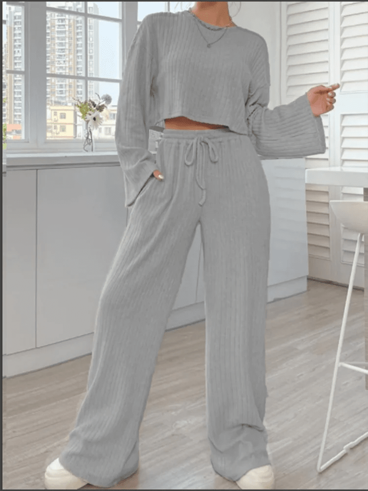 Everyday Ribbed Loungewear - Flared Sleeves & Wide Pants Casual