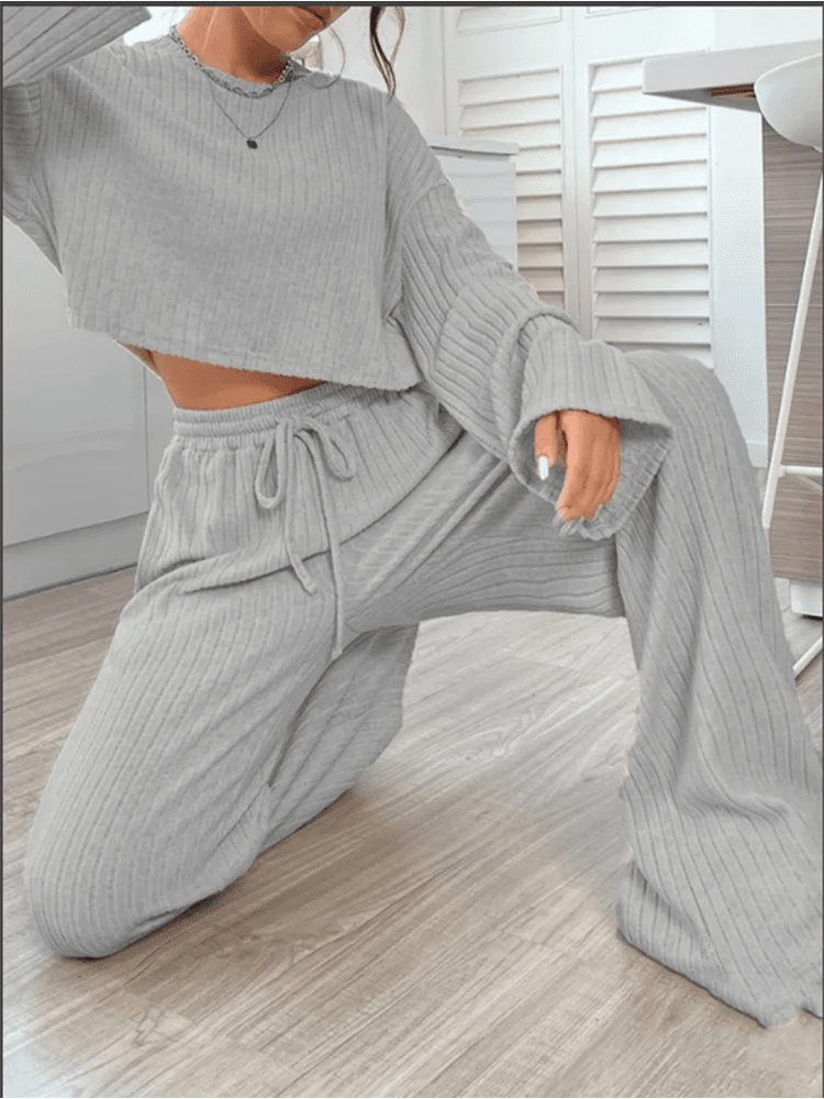 Everyday Ribbed Loungewear - Flared Sleeves & Wide Pants Casual