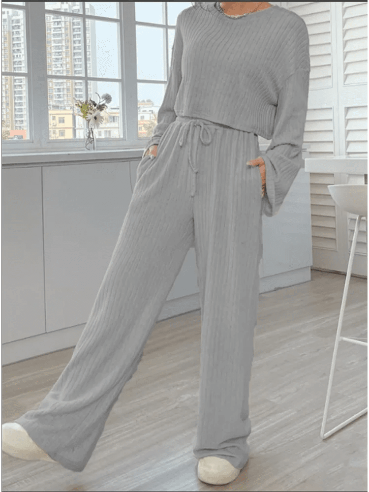 Everyday Ribbed Loungewear - Flared Sleeves & Wide Pants Casual