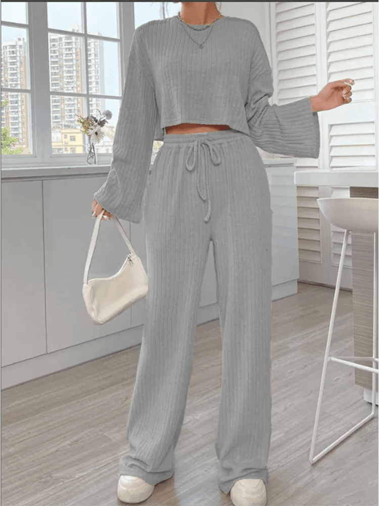 Everyday Ribbed Loungewear - Flared Sleeves & Wide Pants Casual