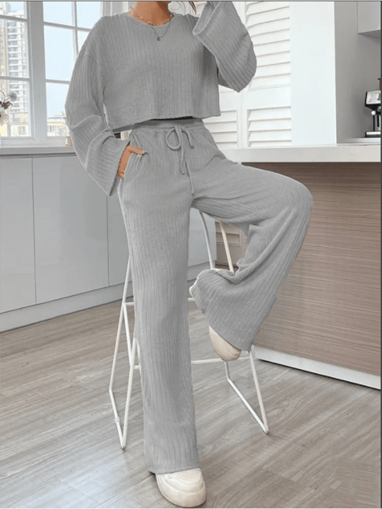 Everyday Ribbed Loungewear - Flared Sleeves & Wide Pants Casual