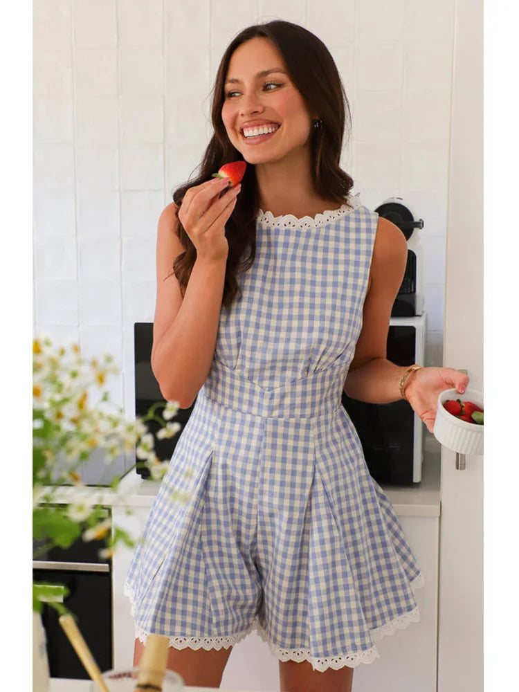 Summer Gingham Romper Playsuit with Pleats Rompers