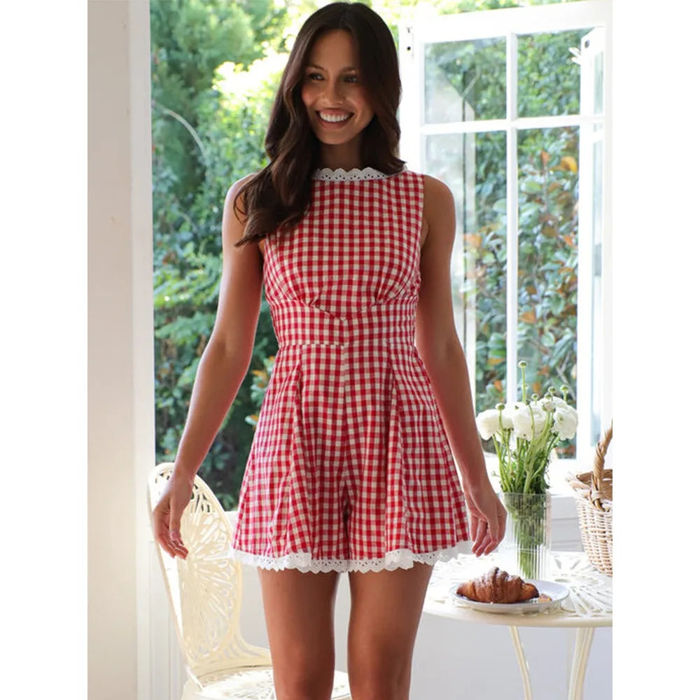 Summer Gingham Romper Playsuit with Pleats Rompers