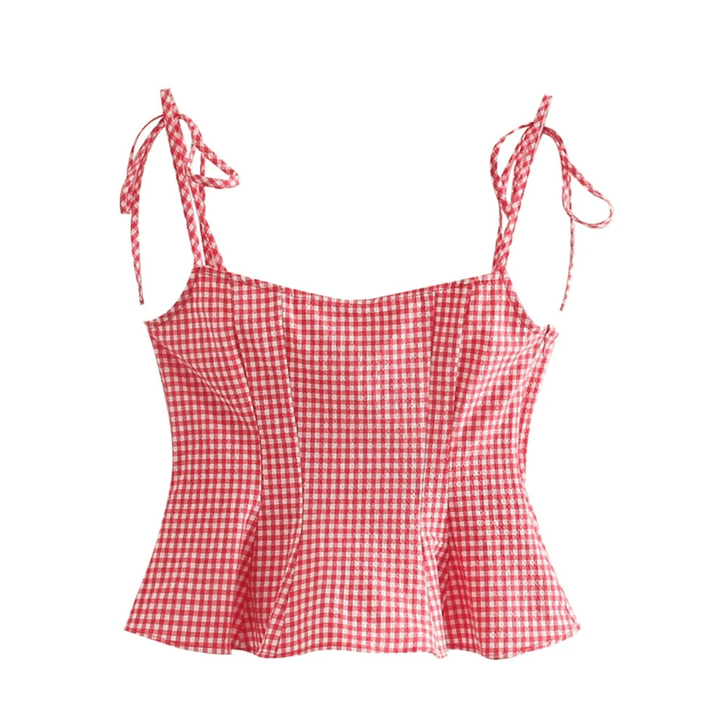 Red Plaid Peplum Cami Top - Casual	