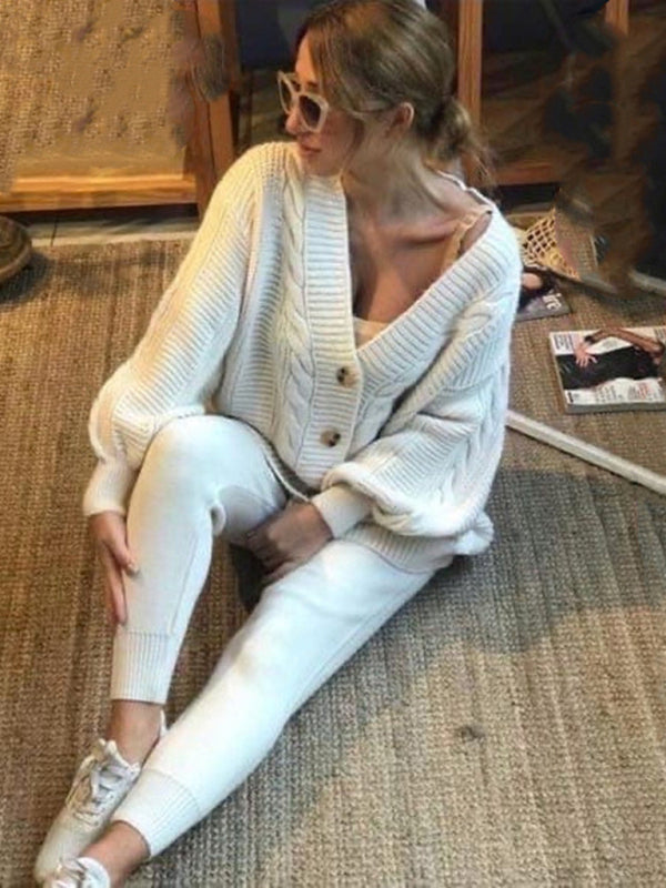 Casual Knit Sweater Cardigan and Pants Set for Women	