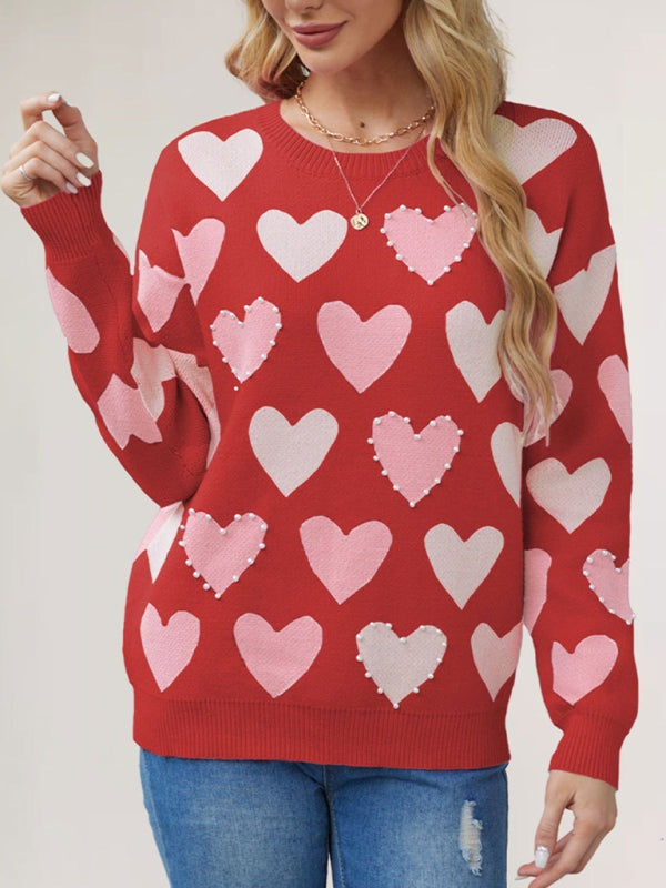 Romantic Heart Pattern Sweater with Pearls for Valentine's Day	