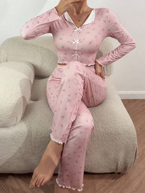 Floral Ribbed Pajama Set Pants and Buttoned Top for Women	