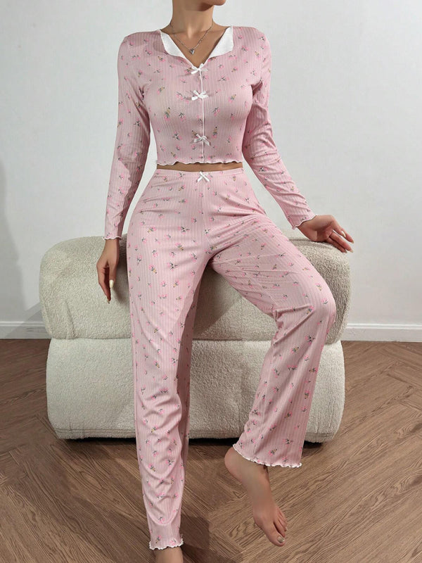 Women Floral Pajama Set with Contrast Piping - Loungewear Pajamas