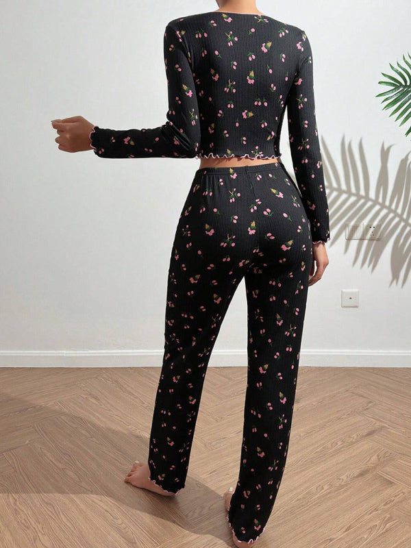 Women Floral Pajama Set with Contrast Piping - Loungewear Pajamas