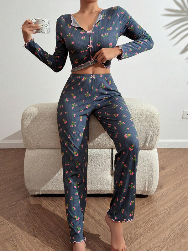 Women Floral Pajama Set with Contrast Piping - Loungewear Pajamas