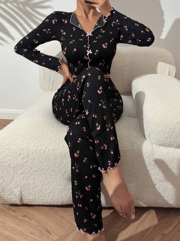 Women Floral Pajama Set with Contrast Piping - Loungewear Pajamas