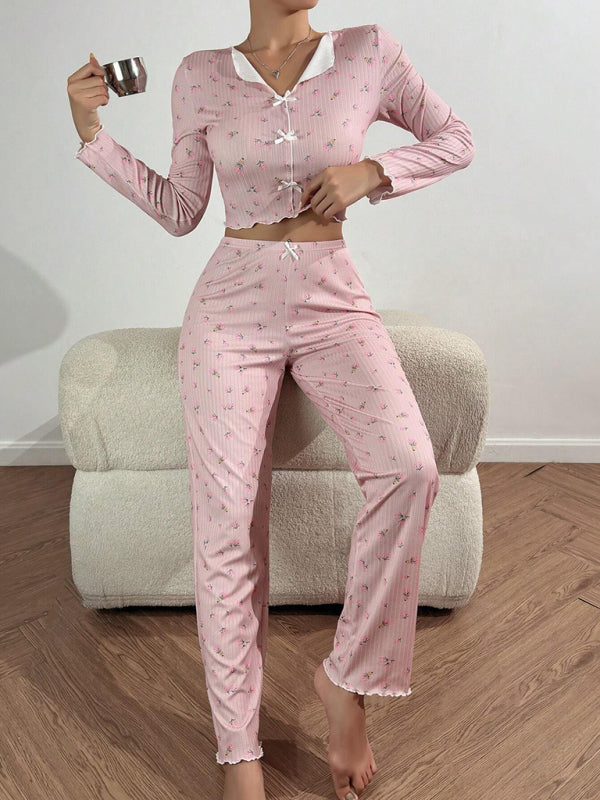 Women Floral Pajama Set with Contrast Piping - Loungewear Pajamas