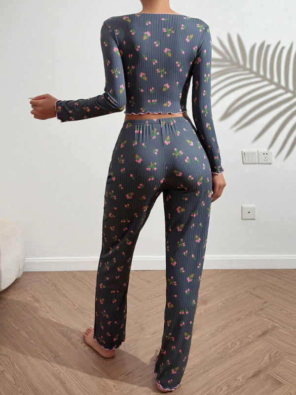 Women Floral Pajama Set with Contrast Piping - Loungewear Pajamas