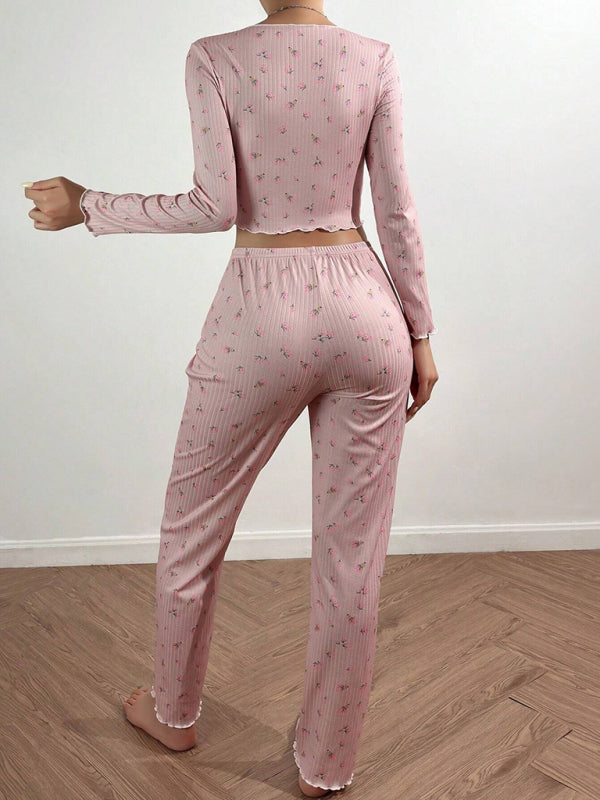 Women Floral Pajama Set with Contrast Piping - Loungewear Pajamas