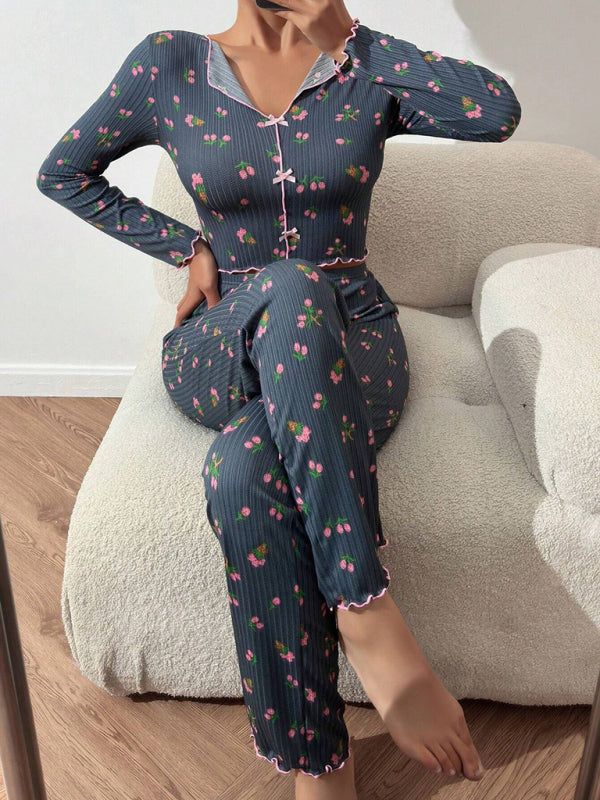 Women Floral Pajama Set with Contrast Piping - Loungewear Pajamas