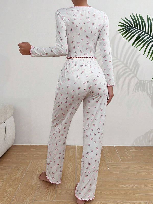 Women Floral Pajama Set with Contrast Piping - Loungewear Pajamas