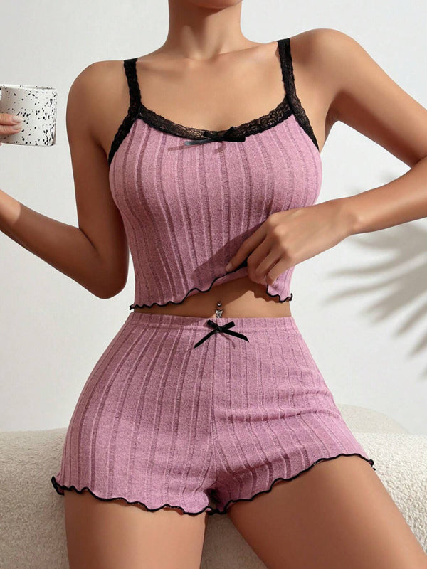 Home Loungewear Ribbed Pajama Set with Lace Trim Matching Pajamas