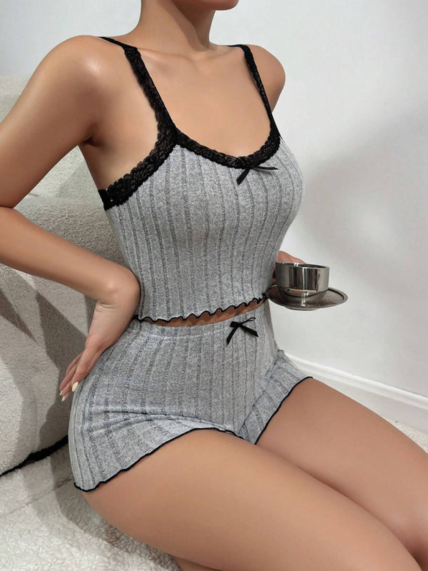 Home Loungewear Ribbed Pajama Set with Lace Trim Matching Pajamas