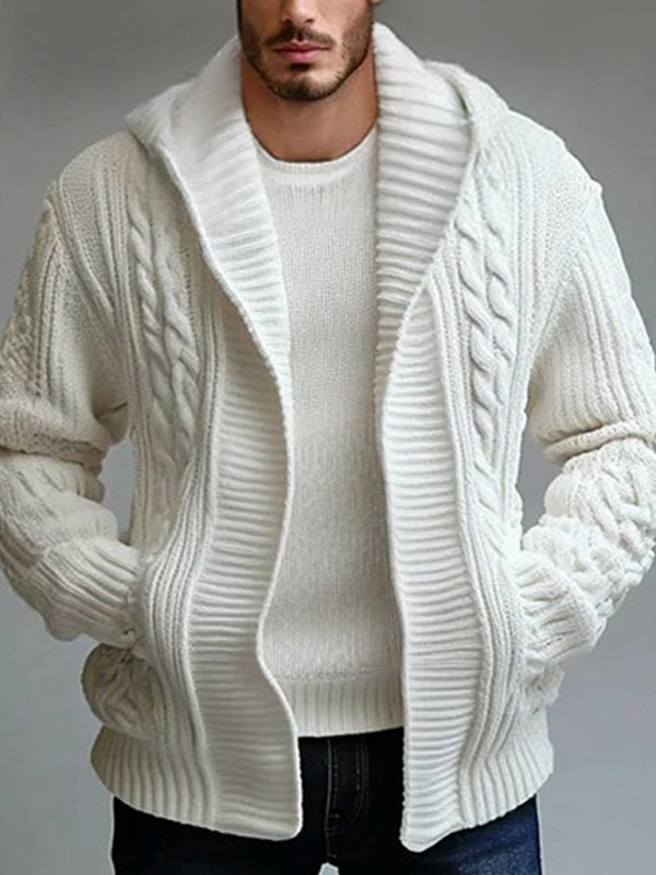 Men's White Hooded Cable Knit Sweater	