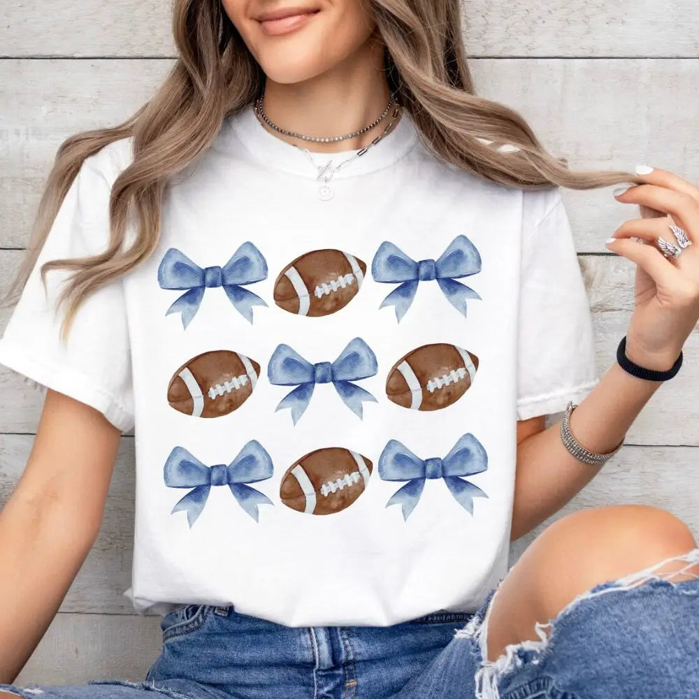 Football & Blue Bows Crew Neck T-Shirt	