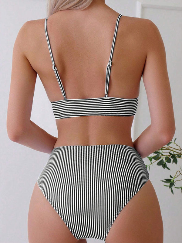 Striped High-Waist Swimsuit with Adjustable Straps Swimwear