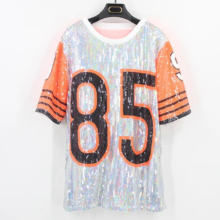 Sporty Sequined T-Shirt Dress for Super Bowl Game Day Sporty