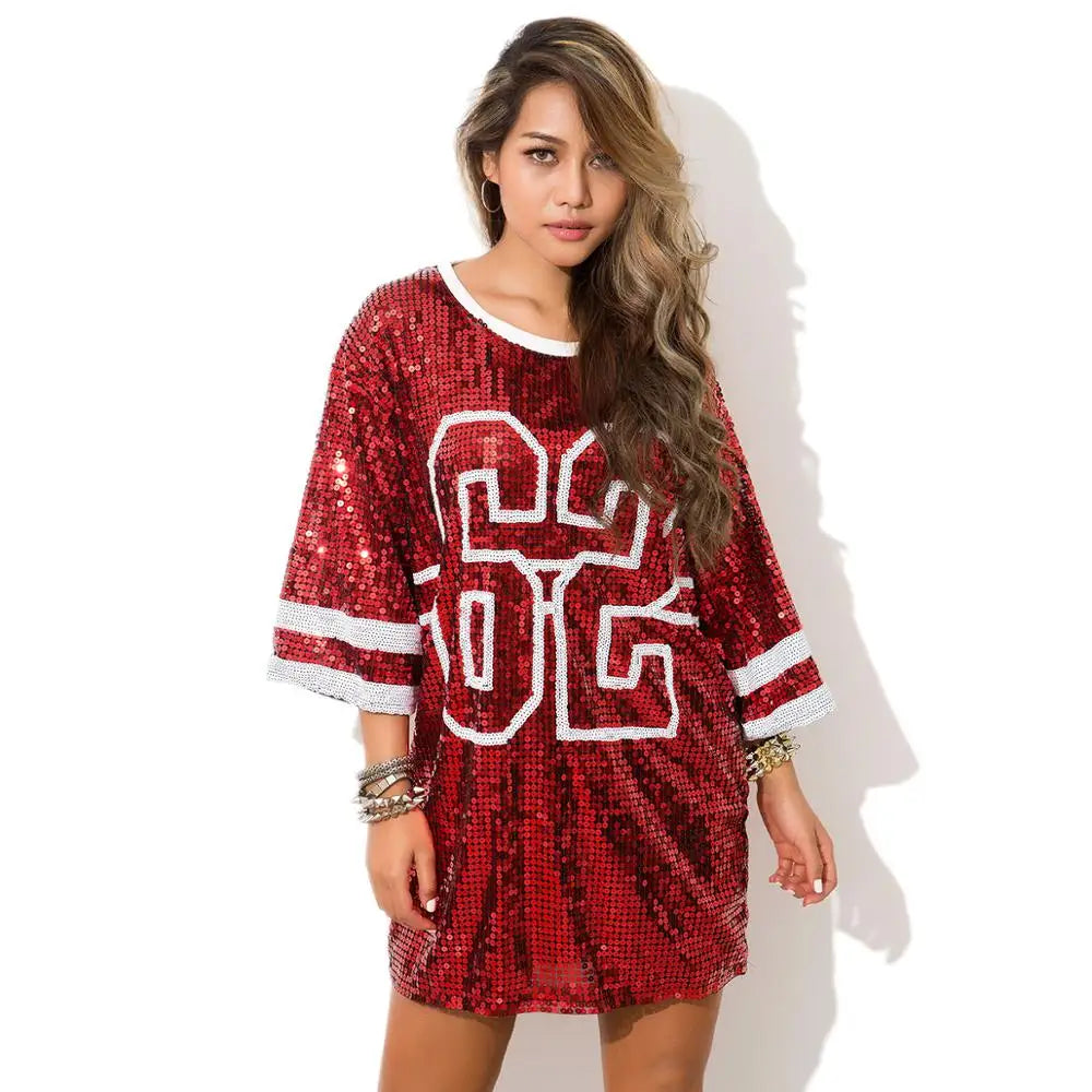 Sporty Sequined T-Shirt Dress for Super Bowl Game Day Sporty