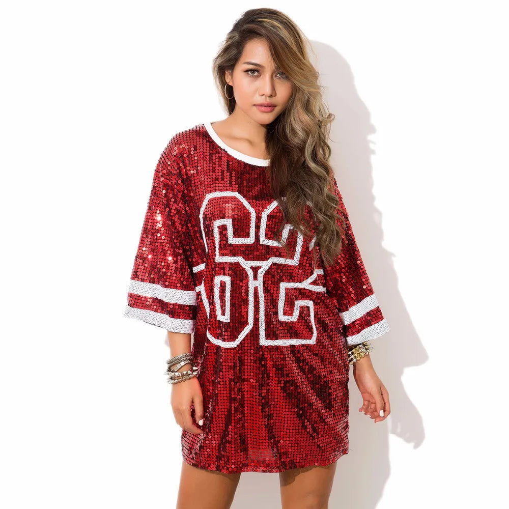 Sporty Sequined T-Shirt Dress for Super Bowl Game Day Sporty