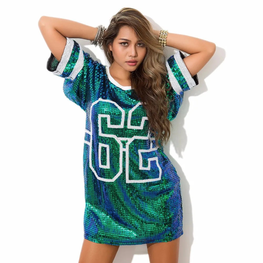 Sporty Sequined T-Shirt Dress for Super Bowl Game Day Sporty