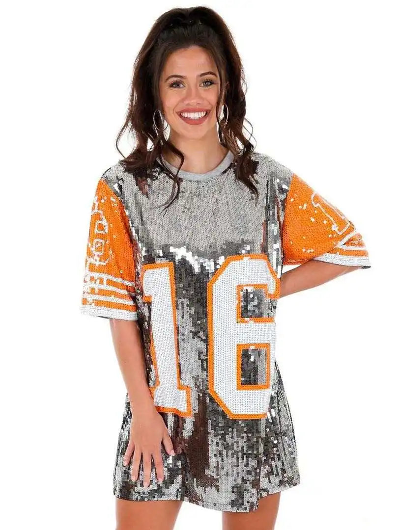 Sporty Sequined T-Shirt Dress for Super Bowl Game Day Sporty