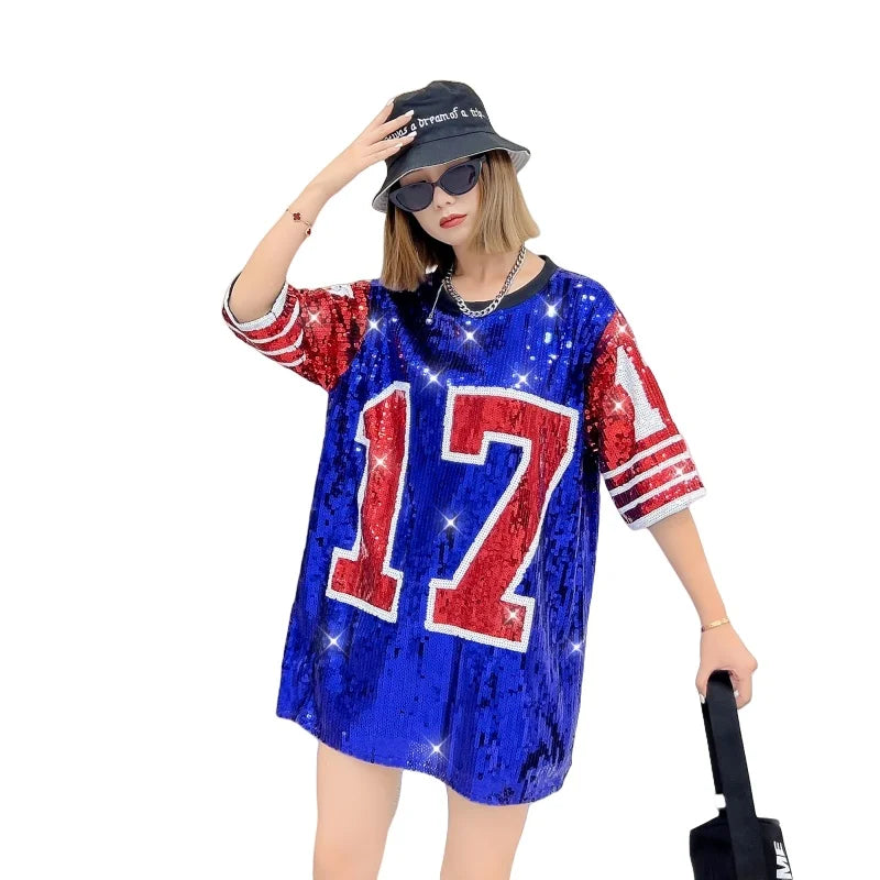 Sporty Sequined T-Shirt Dress for Super Bowl Game Day Sporty