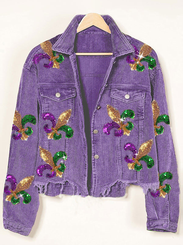 Mardi Gras Ripped Corduroy Sequin Patchwork Crop Jacket Crop