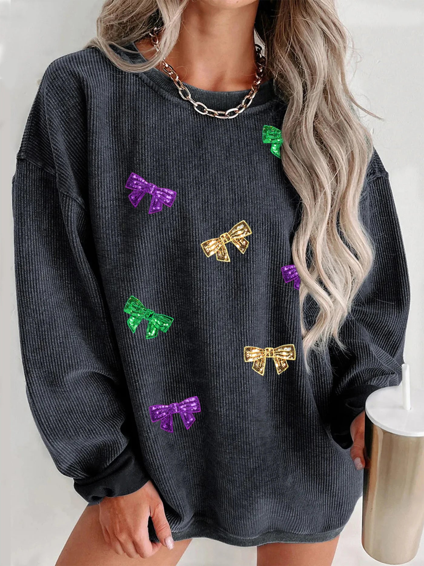 Women's Mardi Gras Bow-Embellished Sweater | Festive Wear	