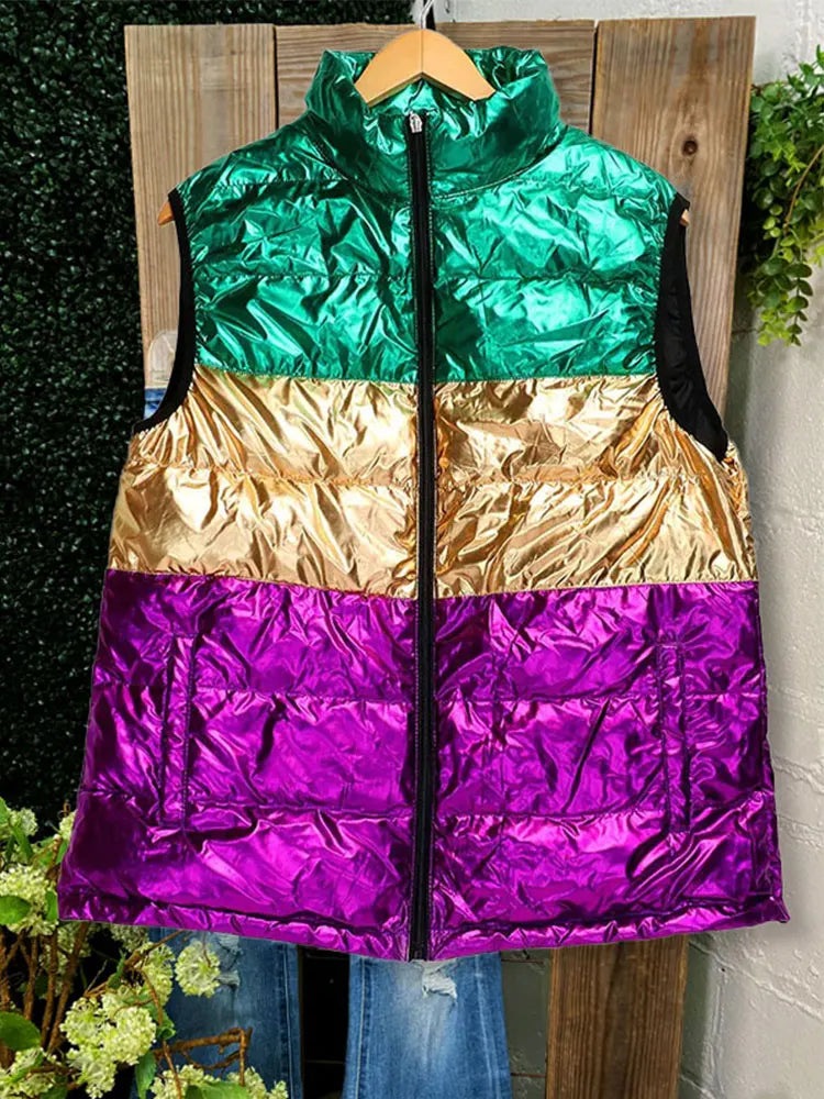 Women's Mardi Gras Metallic Puffer Vest for Carnival	