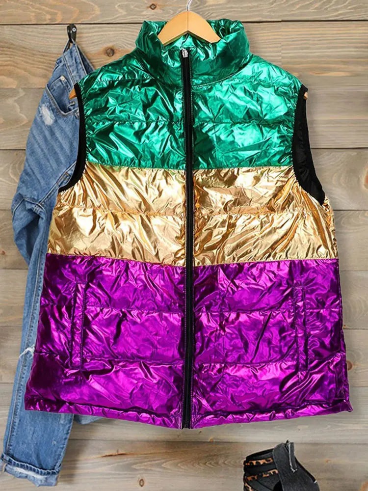 Metallic Puffer Vest for Women's Mardi Gras Vests