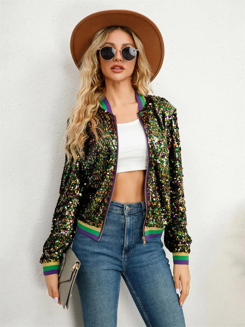 Women's Colorful Mardi Gras Sequin Jacket Festive Jackets