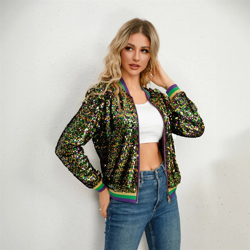 Women's Colorful Mardi Gras Sequin Jacket Festive Jackets