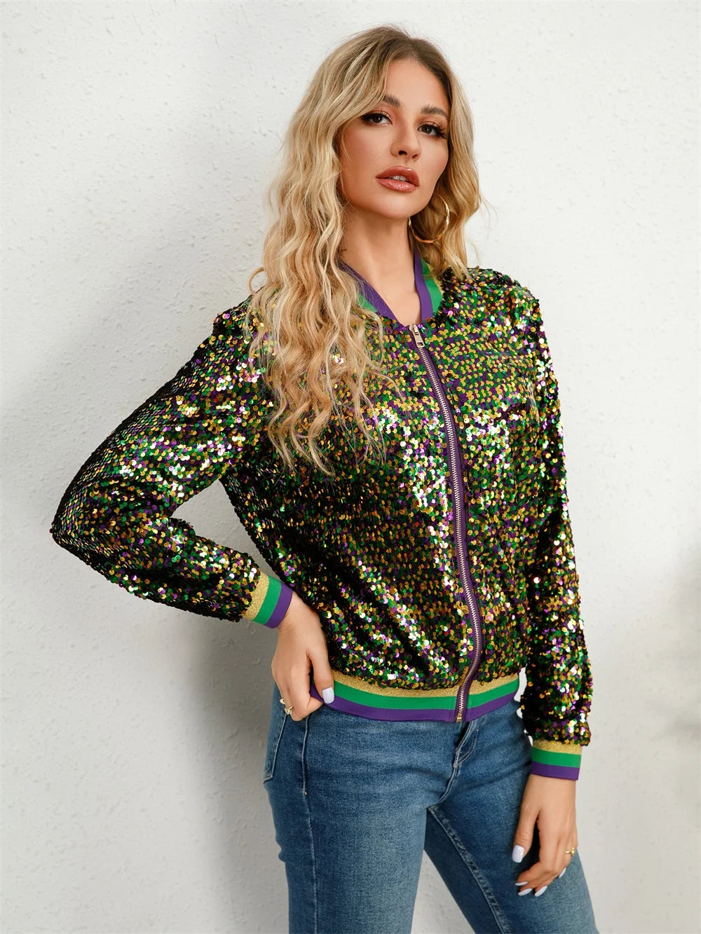 Women's Colorful Mardi Gras Sequin Jacket Festive Jackets