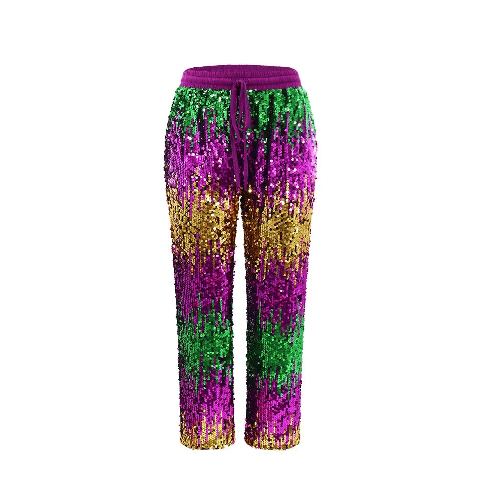 Mardi Gras Sequin Party Pants for Women Festive Pants