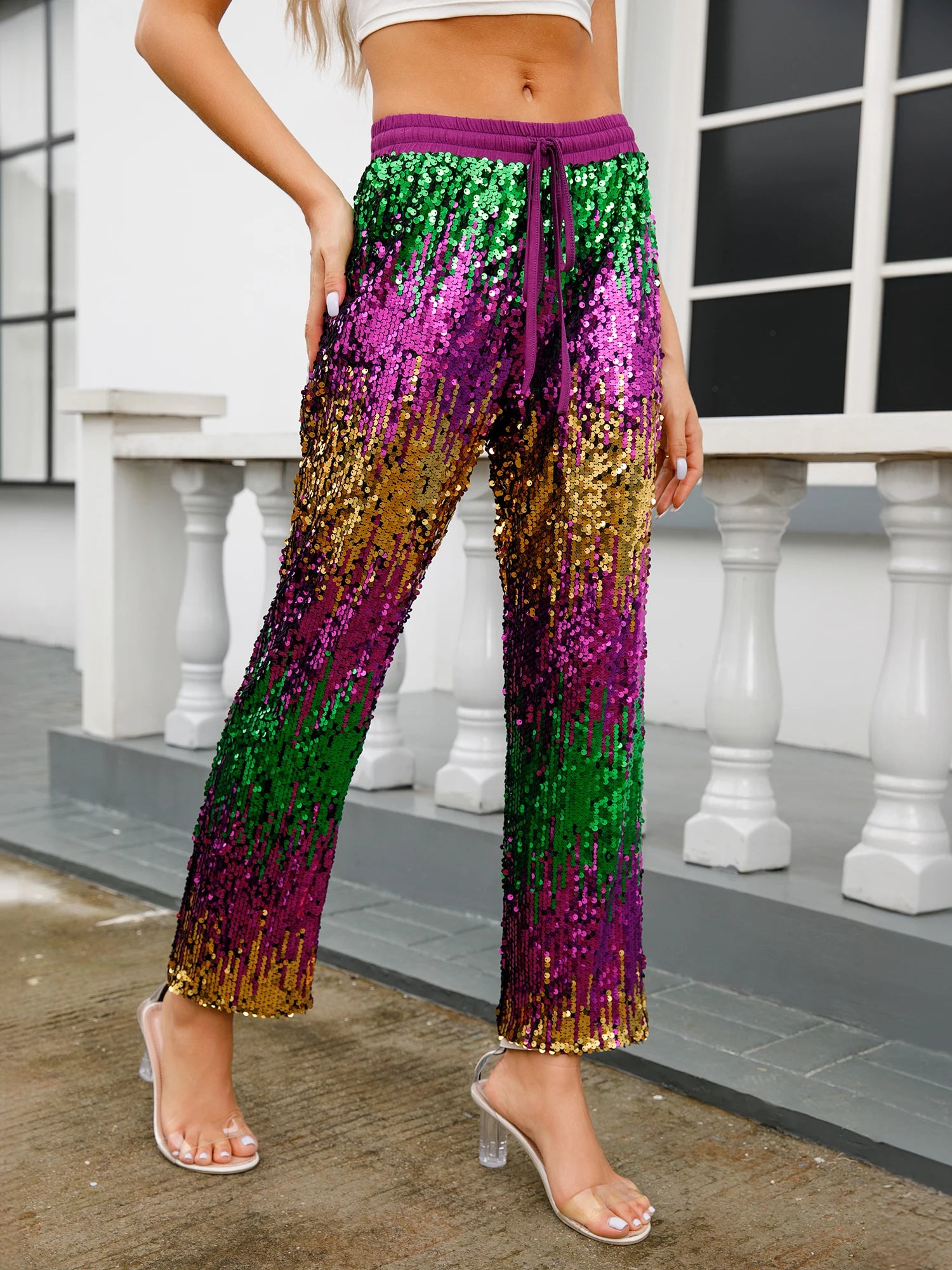 Mardi Gras Sequin Party Pants for Women Festive Pants