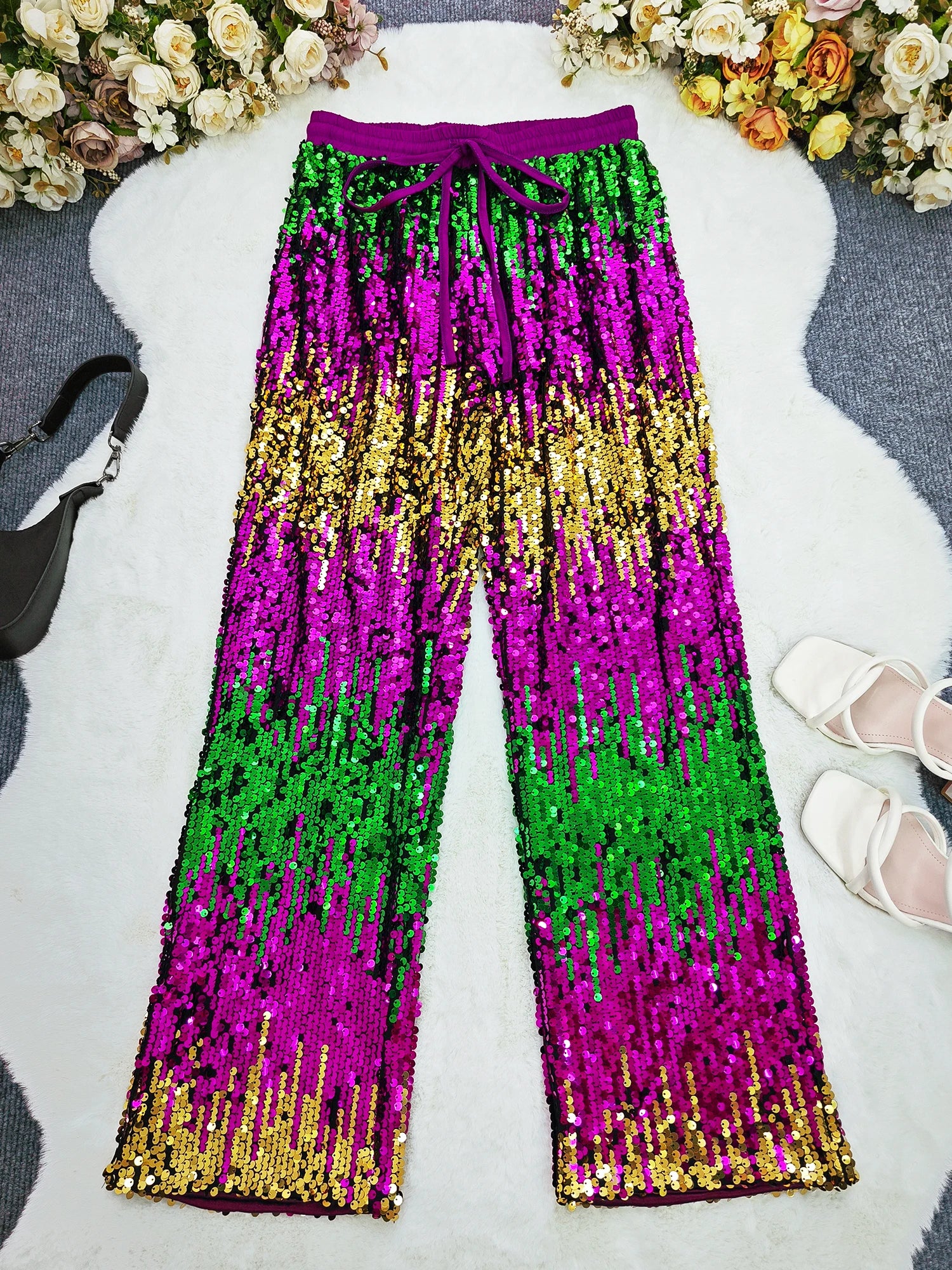 Mardi Gras Sequin Party Pants for Women Festive Pants