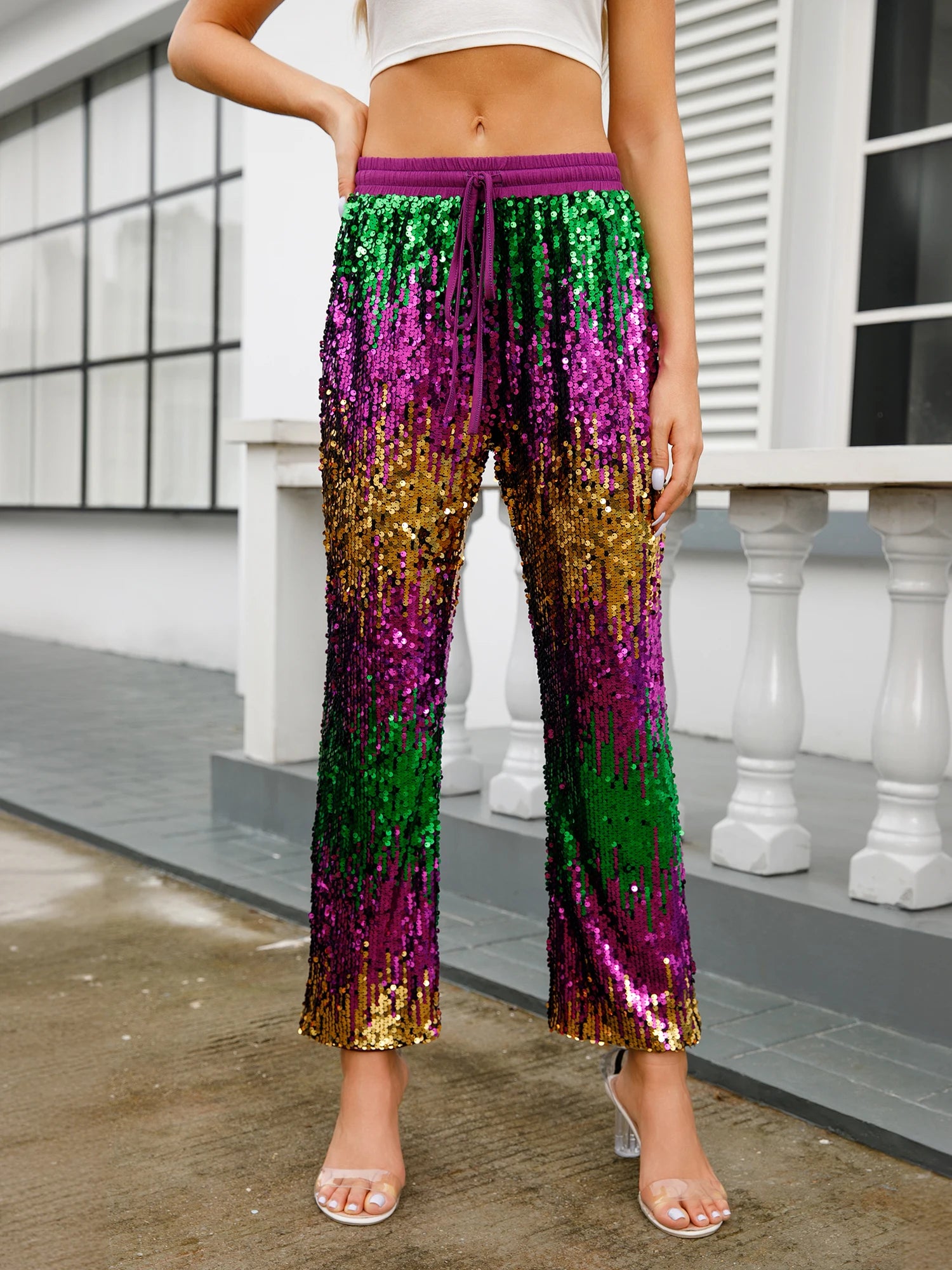 Mardi Gras Sequin Party Pants for Women Festive Pants